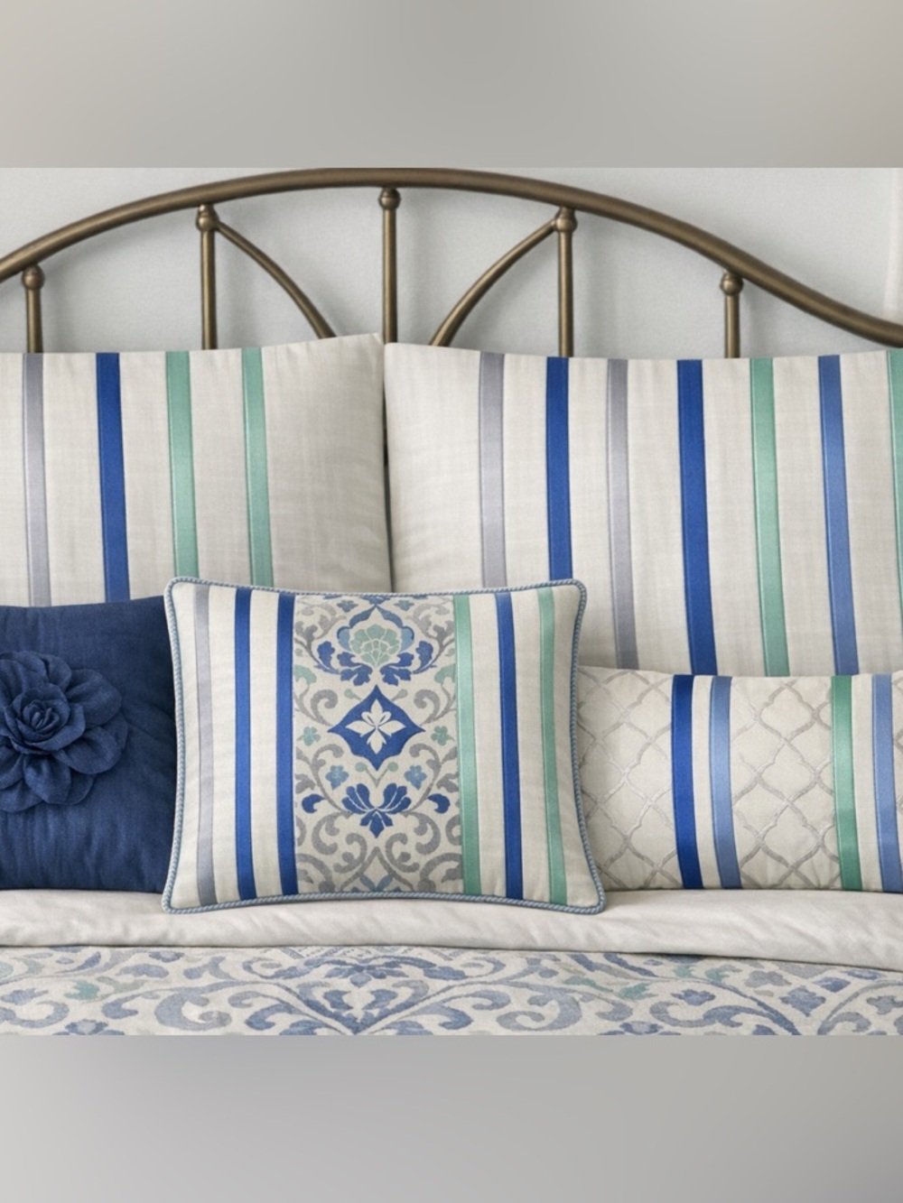 NWT Soft Cotton Jolie European Pillow Shams – Blue, Mint & Grey Stripes Set of 2